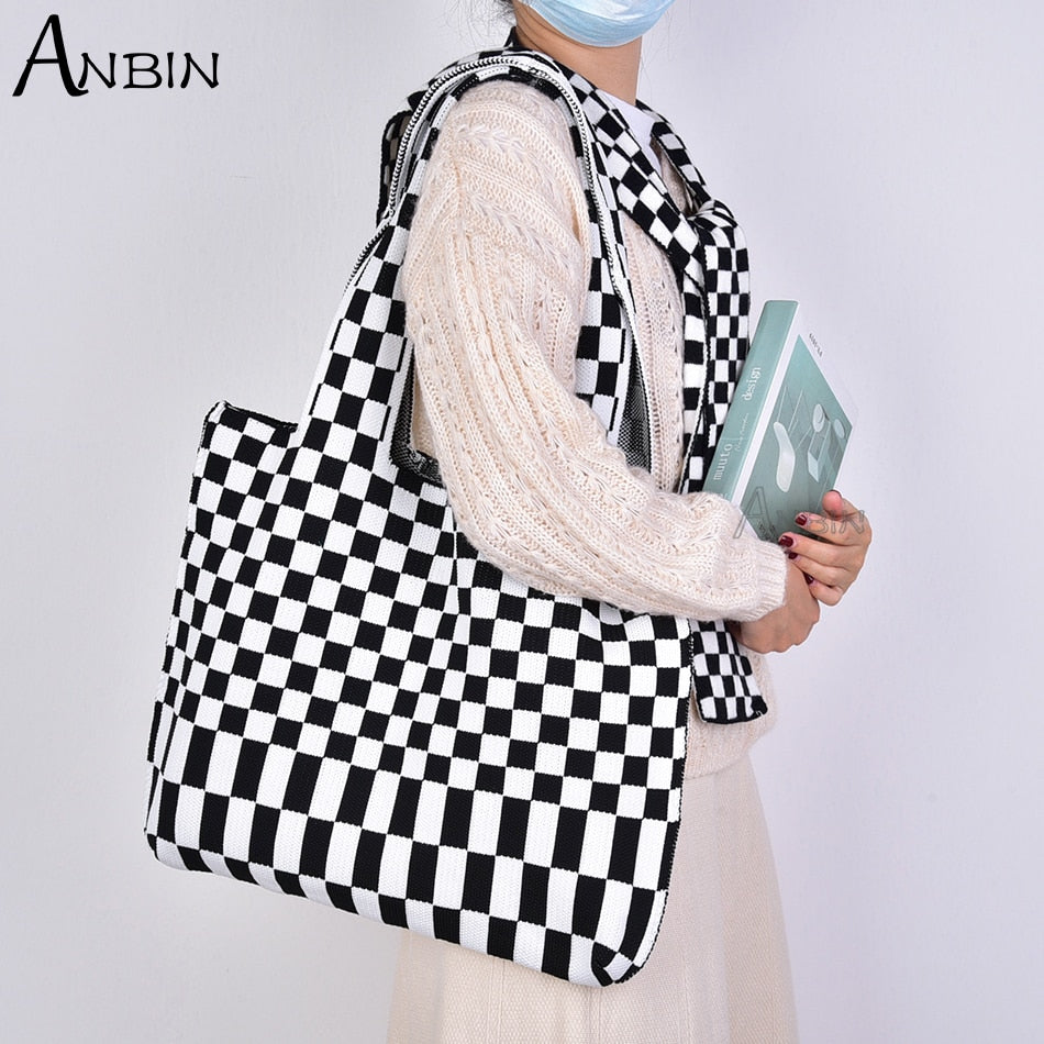 Women Checkered Shoulder Bag Woolen Knitted Classic Color Bags Tote