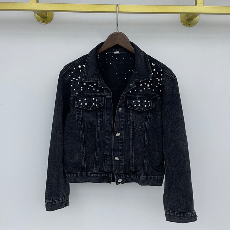 Women’s Denim Jacket Full Sleeve Loose Button Pearls Short Lapel Wild