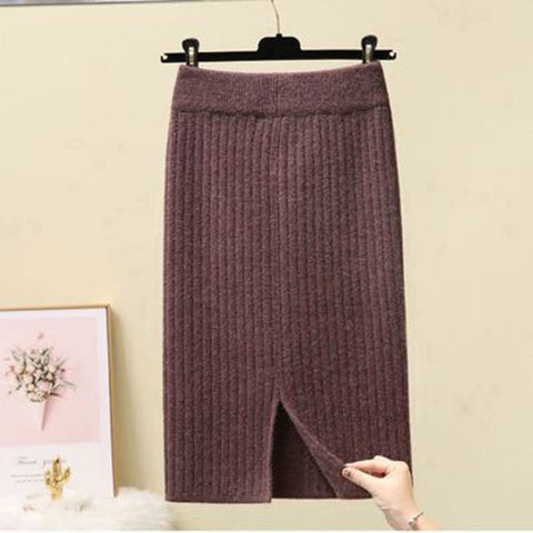 Knit Pencil Skirt Women High Waist Skirts Knited Split Midi Skirt