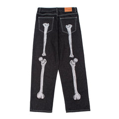 Skull Hand Bone Embroidery Mens Jeans Pants Straight Trousers