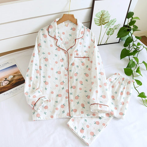 Pajamas Set 100% Gauze Cotton Turn-down Neck Shirt+Pants Comfort Women