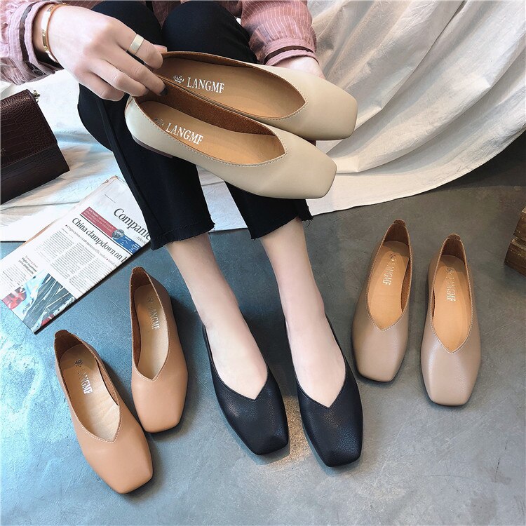 Women Flat Shoe Shallow Low-heeled Sandals Square Toe Slip-on Simple Shoes