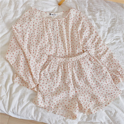 Pajama Cotton Yarn Sleepwear Set Long Sleeve Top+Shorts Ruffle