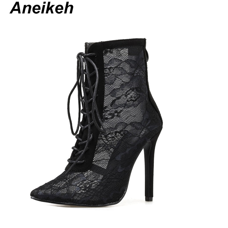 Sandals Boots Women High Heels Hollow Out Mesh Lace-Up Cross-tied Boots