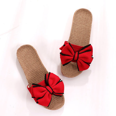 Women Slides Comfortable Flax Slippers Striped Bow Linen Flip Flops Platform Sandals