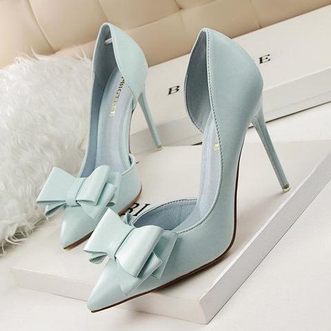 Women Shoes Bow High Heels Shallow Pointed Head Side Thin Shoes