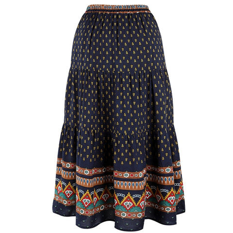 Long Skirt Women High Elastic Waist Skirt Floral Print Sea Blue Skirt