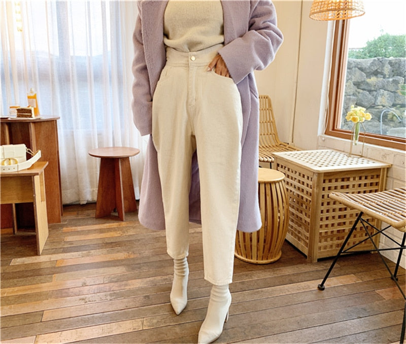 Women Jeans Pants High Waist Loose Buttons Trousers