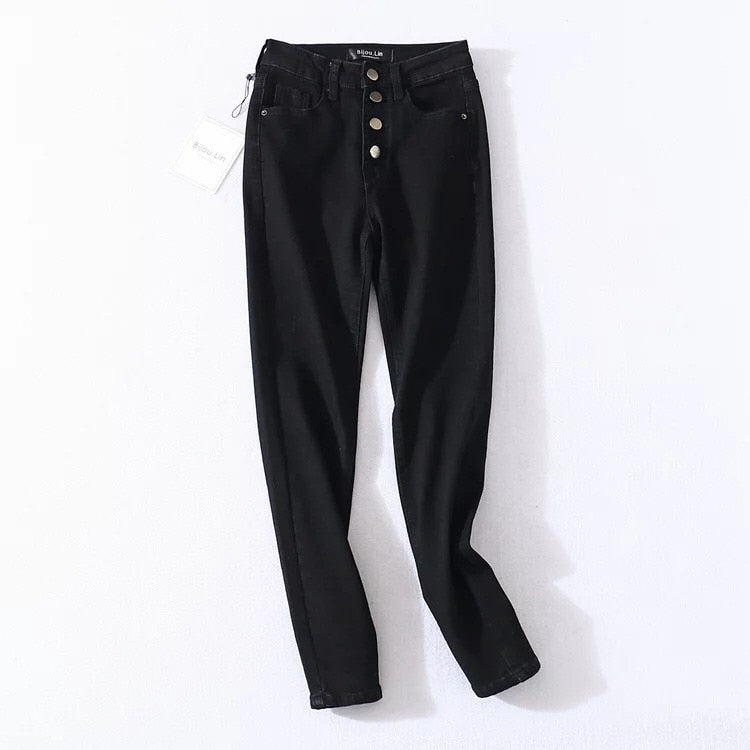 Four Buttons High Waist Pencil Jeans Women Slim Fit Pants Trousers