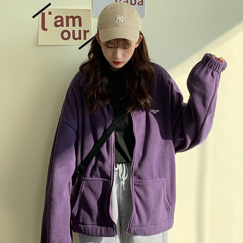 Women Hoodies Zip-up Oversize Sweatshirt Pocket Turn-down Collar