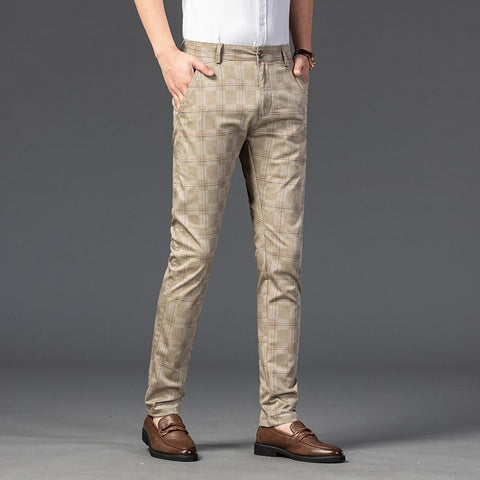 Men Plaid Casual Pants Business Cotton Stretch Straight Trousers