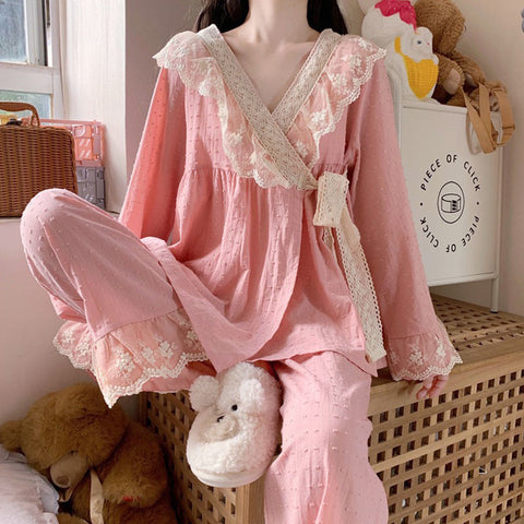 Fairy V-neck Lace Pajama Sets Women Loose Sleepwear