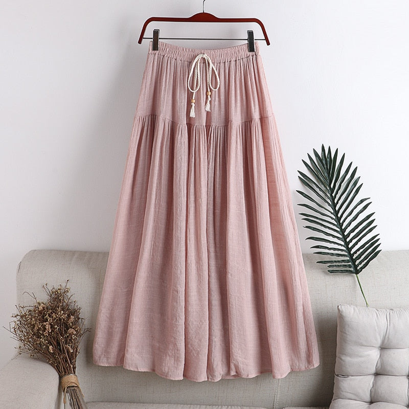 Linen Pleated Skirt Women Drawstring Elastic High Waist Long Skirts Daily A-line Skirt