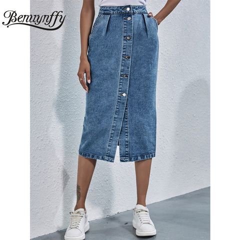Single Breasted Knee Length Skirt Women Pocket High Waist Straight Jeans