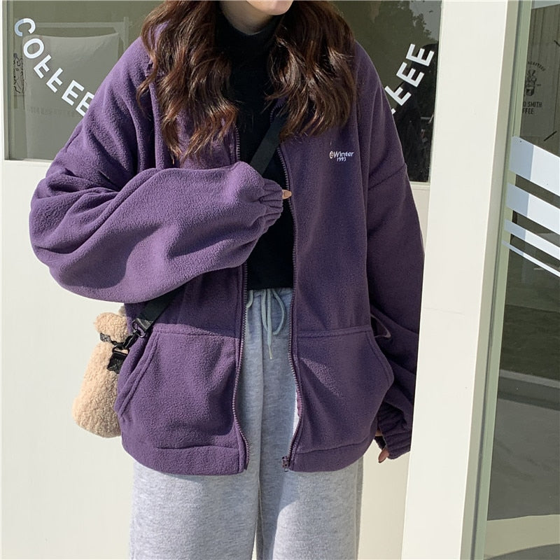 Women Hoodies Zip-up Oversize Sweatshirt Pocket Turn-down Collar