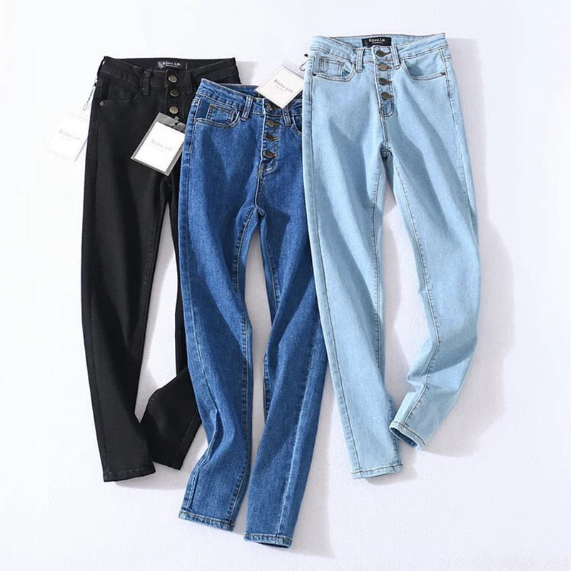 Four Buttons High Waist Pencil Jeans Women Slim Fit Pants Trousers