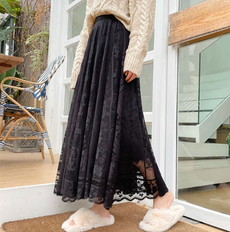 Long Maxi Skirts Women Princess Style Elastic High Waisted A-Line Floral Lace Skirt