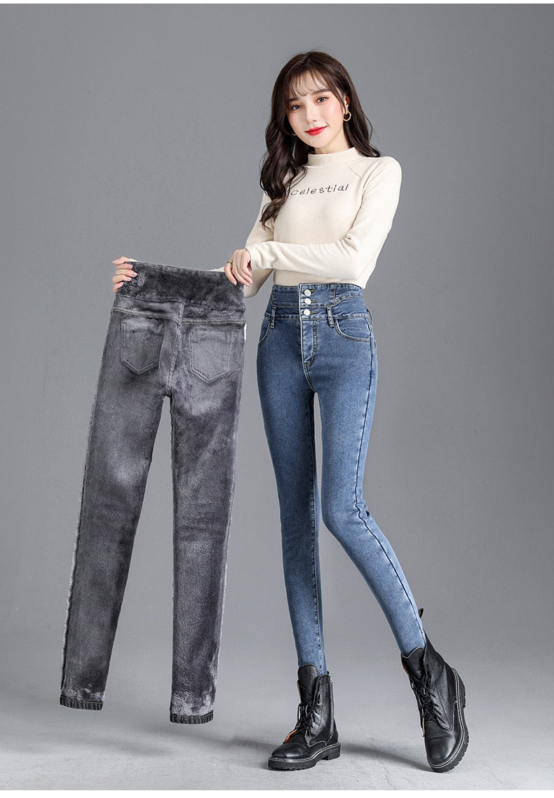 Thick Fleece High-waist Jeans Thick Women Button Pencil Pants Jeans