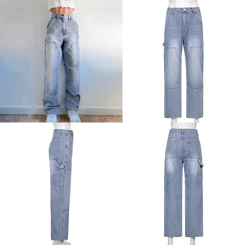 Pockets High Waist Baggy Jeans Women Pants Straight Leg