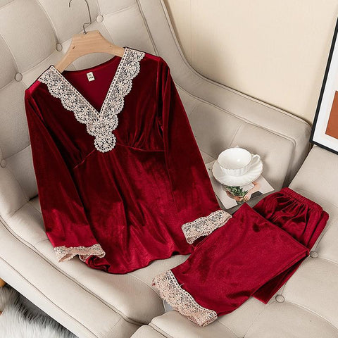 Pajamas Women Sleepwear Long Sleeve Nightwear Suit Loose Lace Trim Sleep Set