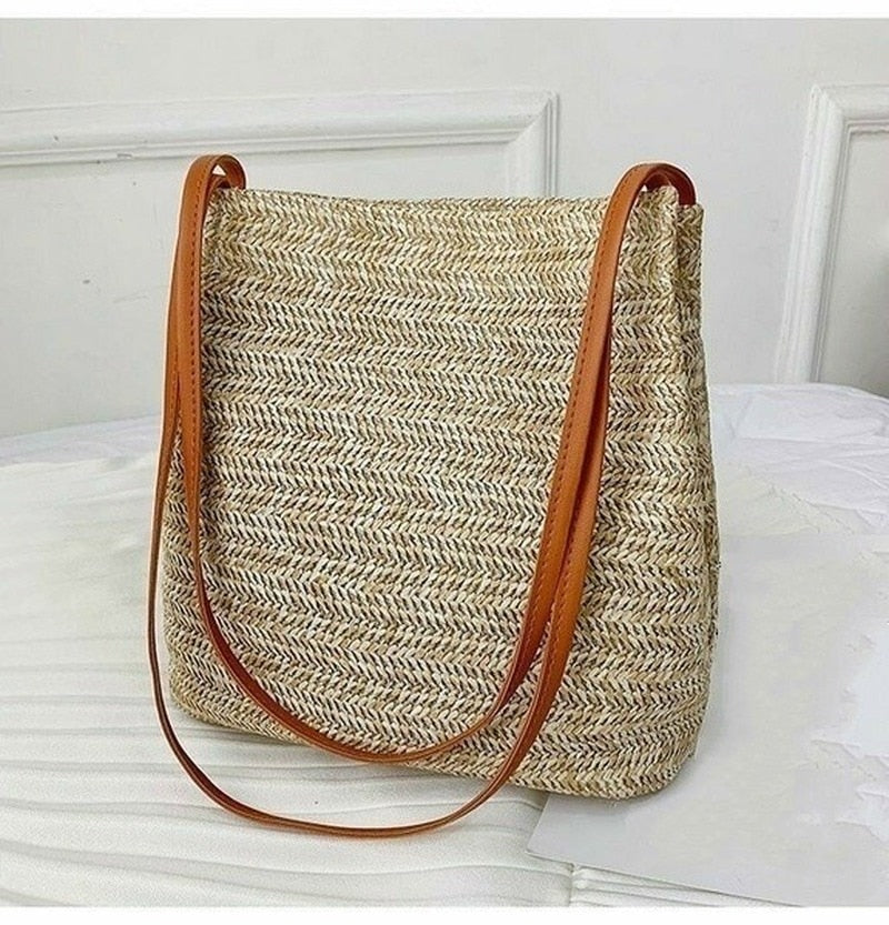 Women Handbag Beach Bag Woven Handmade Knitted Straw Totes Shoulder Bag