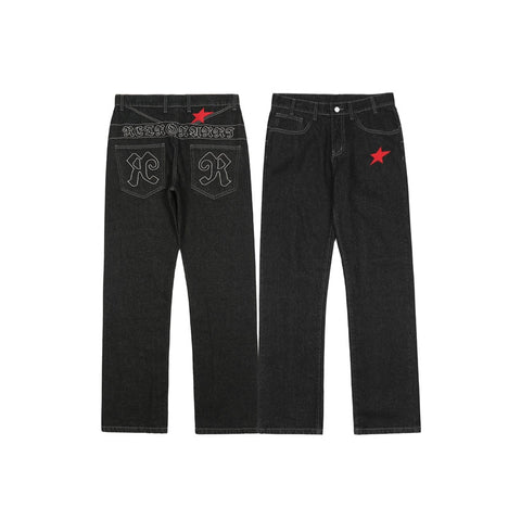 Chic Star Letter Embroidery Hip Hop Men Straight Jeans Trousers Baggy Pants