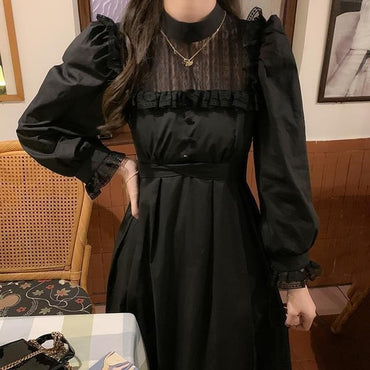 Gothic Lace Dress Casual Elegant Party Midi Ruffle Long Sleeve Dress