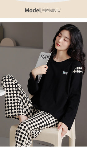Pajamas Women Round Neck Long Sleeved Trousers Loose Cotton Suit