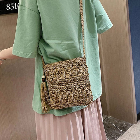 Women Woven Shoulder Bag with Tassel Hollow Out Crochet Crossbody Handbag Purse