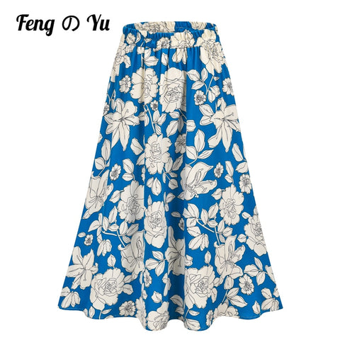 Long Skirt Women High Elastic Waist Skirt Floral Print Sea Blue Skirt