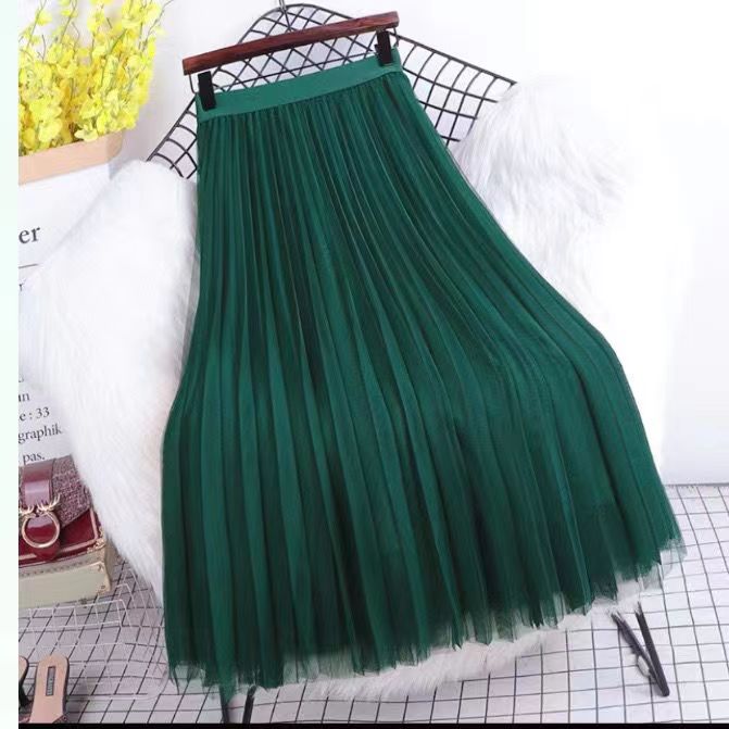 Tulle Long Skirt Women Pleated Skirt Elegant A-line High Quality Vintage Bottom