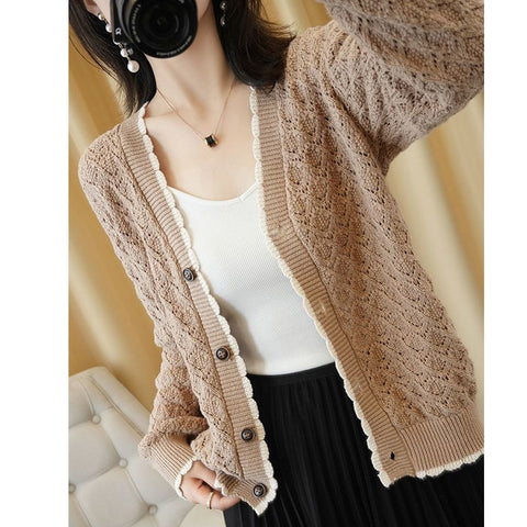 Buttons Knitting Coat Hollow Out Cardigan Top Women Loose Sweater