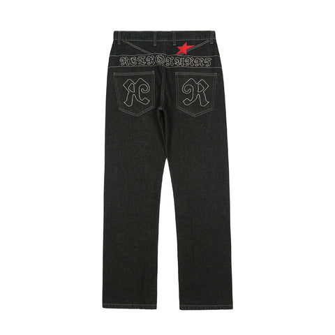 Stars Embroidery Washed Mens Trousers Straight Loose Jean Pants