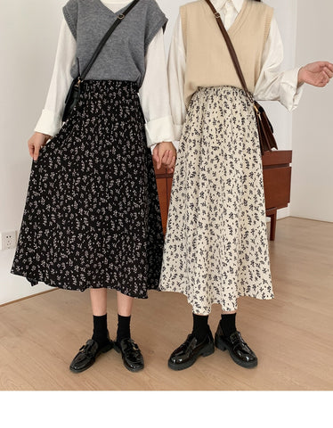 Floral Print A-line Pleated Long Women Skirt Streetwear Drawstring Skirt