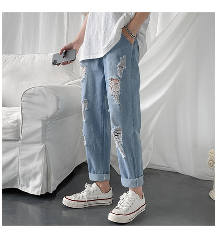 Slim Fit Jeans Regular Distressed Slim Pants Hip Hop Hole Jeans Trousers