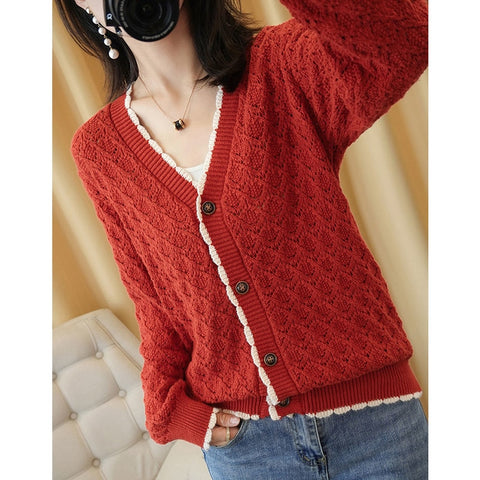 Buttons Knitting Coat Hollow Out Cardigan Top Women Loose Sweater