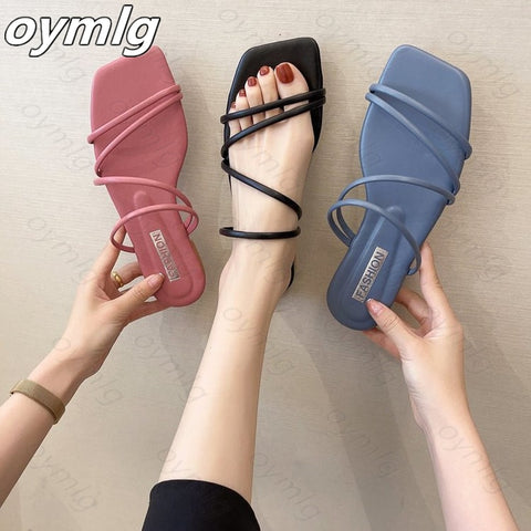 Slippers women square-toe flat-heel candy color wear sandals slippers