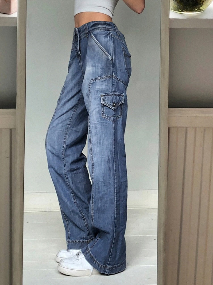 Pockets High Waist Baggy Jeans Women Pants Straight Leg