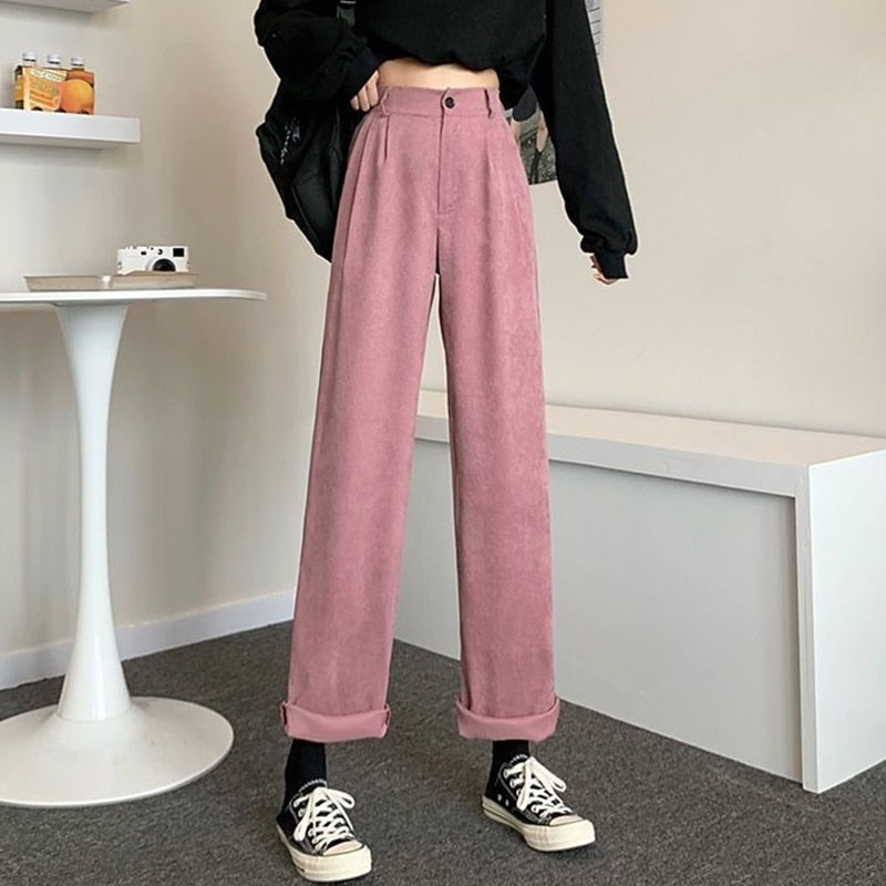 Leg Straight Pants Women High Waisted Warm Trousers Woman Loose