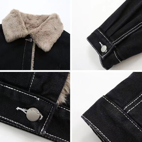 Women Jacket Lambswool Coats Velvet Keep Warm Denim Jacket