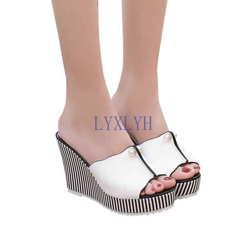 Wedges Sandals High Heels Slippers Stripe Pearl Flip Flops Women Shoes