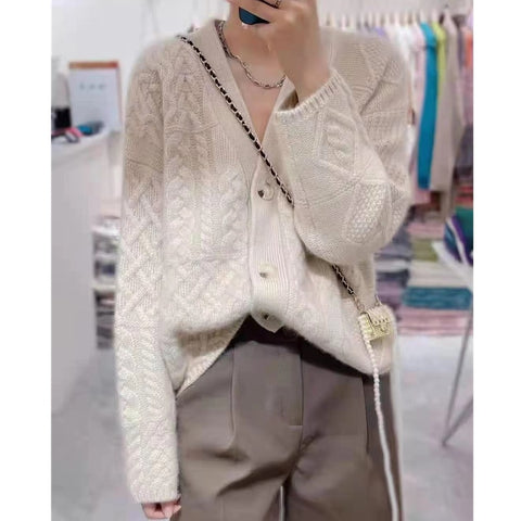 Heavy and thick twist flower V-neck knitted cardigan women loose sweater