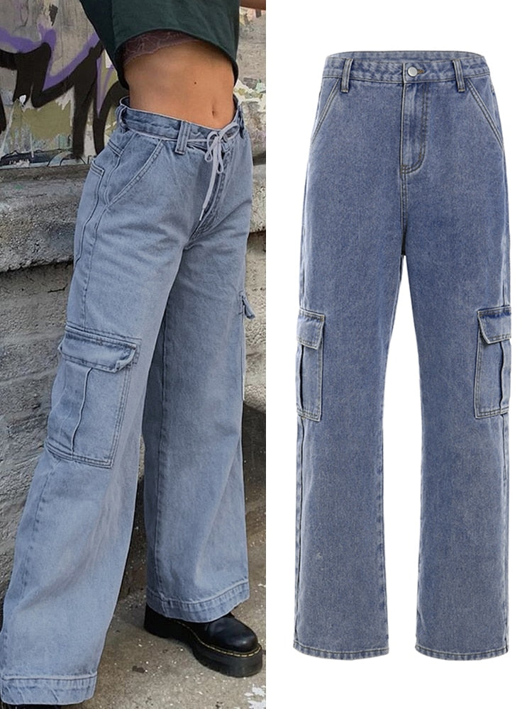 Pockets High Waist Baggy Jeans Women Pants Straight Leg