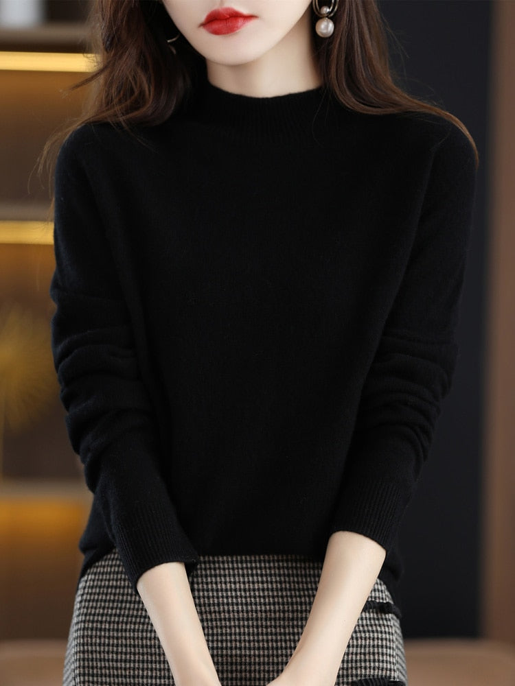 Seamless Half Turtleneck Knitted Sweater Women Long-Sleeved Sweater