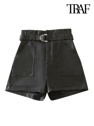 Women Belt Shorts High Waist Zipper Fly Pockets Short Pants