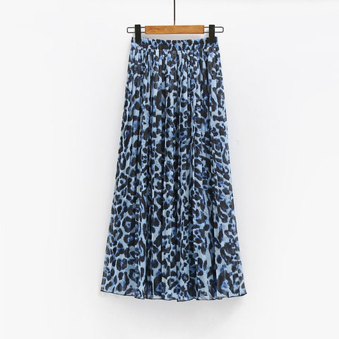 Pleated Chiffon Leopard Skirt Women Long Skirt High Waist Maxi Skirts