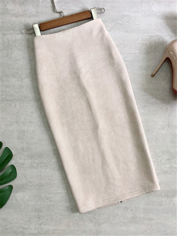 Women's Suede Sheath Midi Skirts High Waist Chic Wrap Skirt Back Split Pencil Skirt