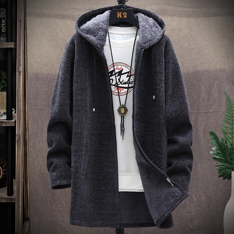 Men Thicken Fleece Cardigan Jacket Slim Sweaters Long Hooded Sweater Warm Coats