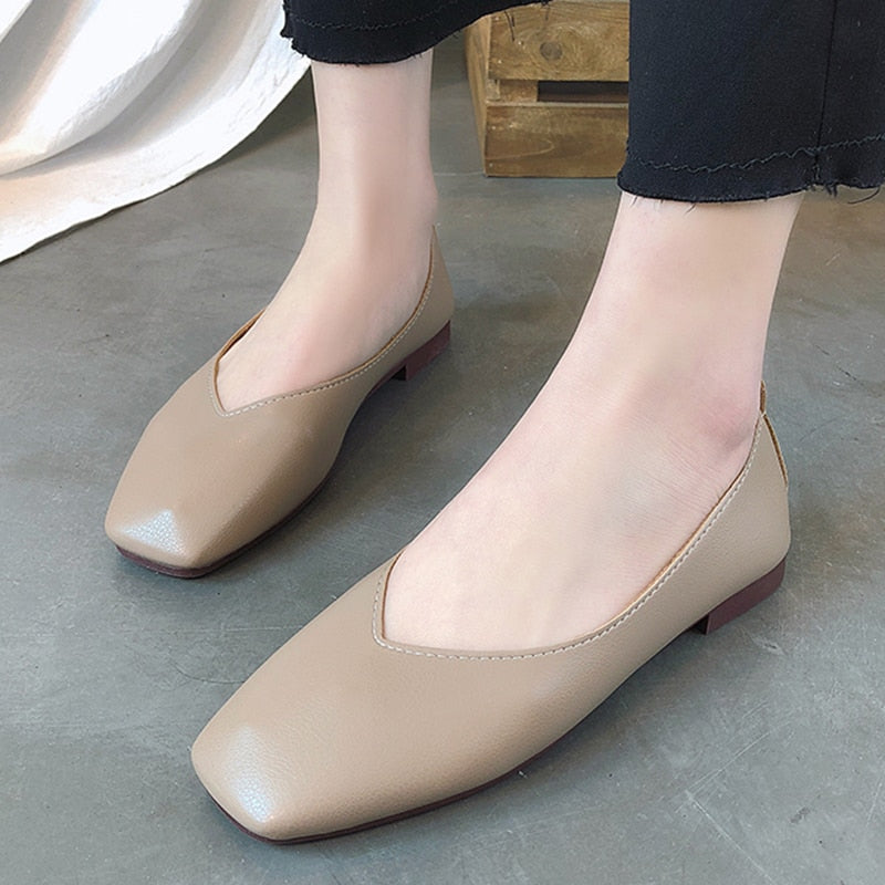 Women Flat Shoe Shallow Low-heeled Sandals Square Toe Slip-on Simple Shoes