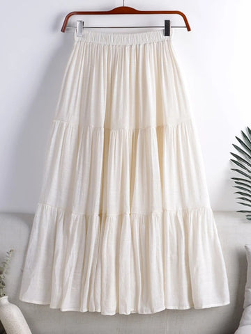 Maxi Skirt Woman A-Line Skirts Minimalist Cotton Linen Pleated Skirts